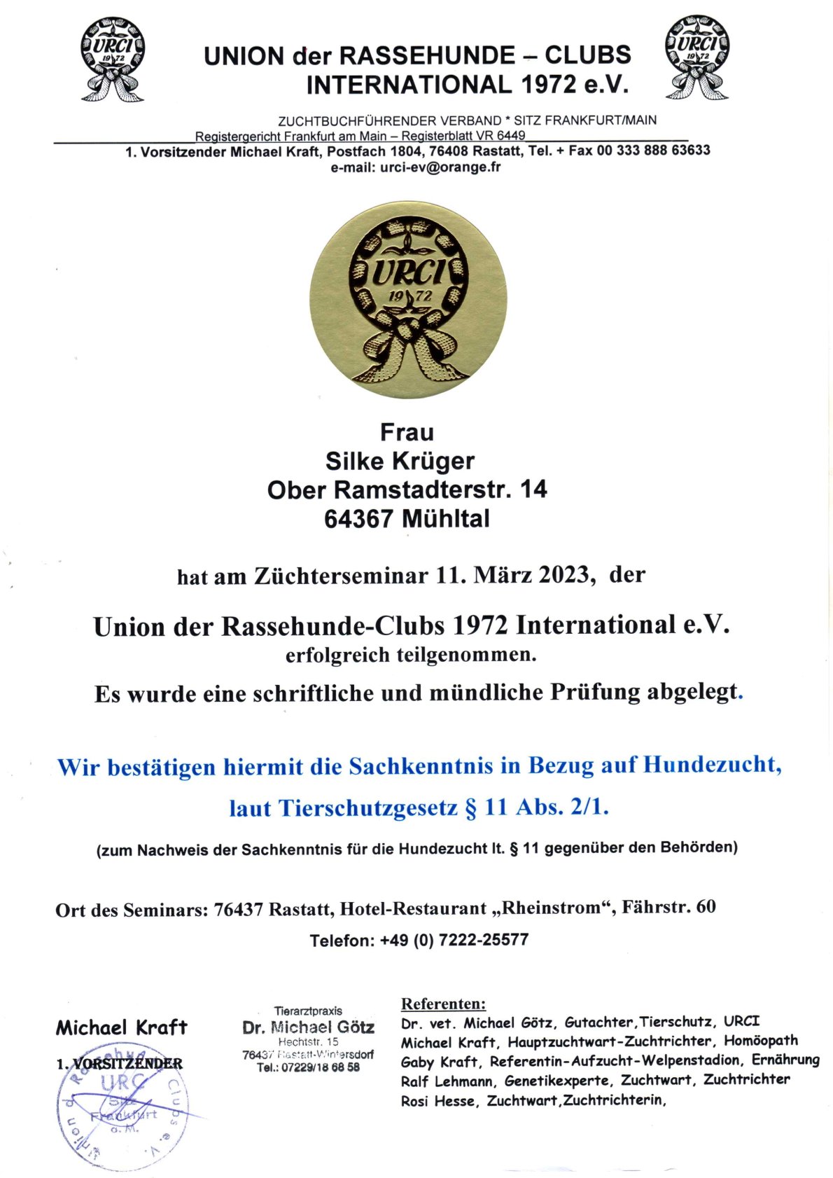 Züchterseminar Urkunde