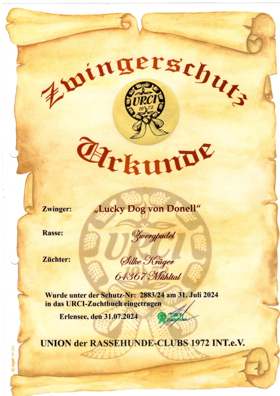 Zwingerschutz Urkunde